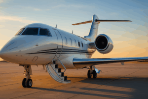 Jet privé moderne sur le tarmac au coucher du soleil