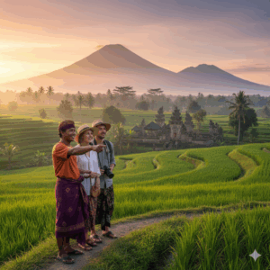 Un guide francophone local à Bali montrant un paysage de rizières en terrasse et un temple à un couple de touristes, avec le mont Agung en arrière-plan