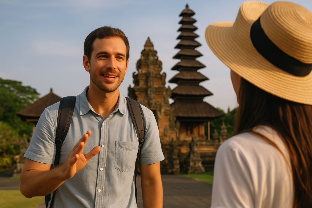 guide francophone à Bali expliquant un temple local à des voyageurs