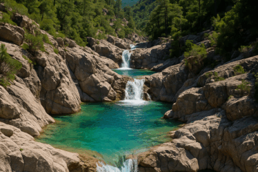 Cascades de Polischellu en Corse du Sud, eaux turquoise et falaises sauvages