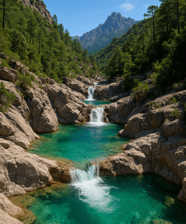 Cascades de Polischellu en Corse du Sud, eaux turquoise et falaises sauvages