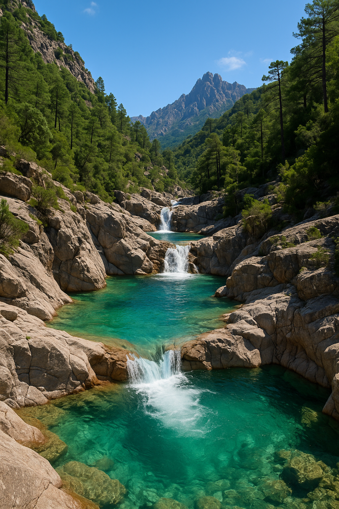 Cascades de Polischellu en Corse du Sud, eaux turquoise et falaises sauvages